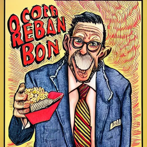 Image similar to The Artwork of R. Crumb and his Cheap Suit Orville Redenbacher tells you to eat his popcorn, pencil and colored marker artwork, trailer-trash lifestyle