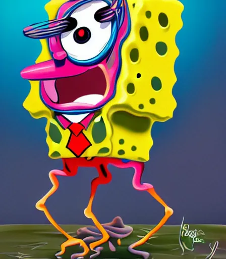 Prompt: Tim Burtons style Spongebob by Alex Pardee and Nekro and Petros Afshar, and James McDermott,unstirred paint, vivid color, cgsociety 4K