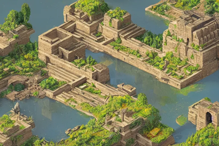 Prompt: ancient city, lake, plants, isometric art, isometric illustration, artstation, highly detailed, cinematic lighting + masterpiece