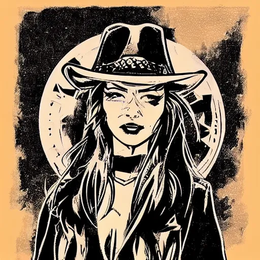 Image similar to “ western comic book artstyle drawing of a beautiful cowgirl outlaw ”