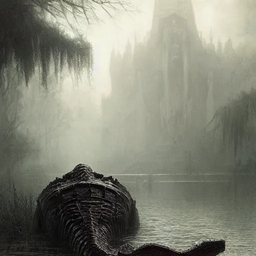 Image similar to a crocodile swimming in a swamp horror gustave dore greg rutkowski sinister by greg rutkowski, grey mist