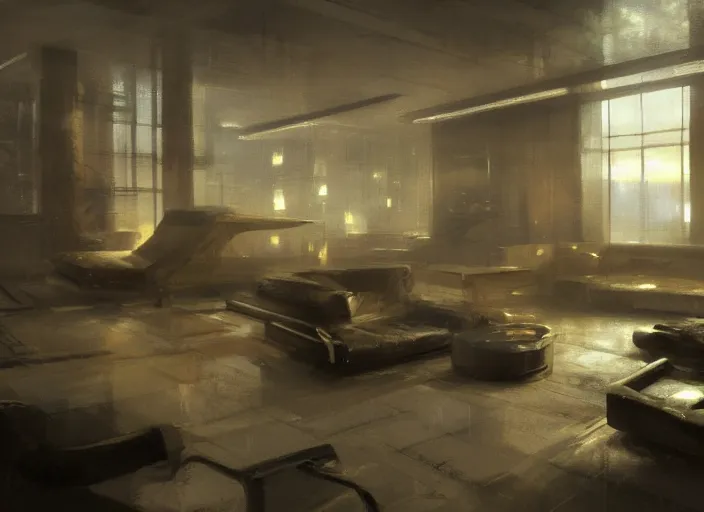 Prompt: a futuristic apartment interior, by Craig Mullins, octane rendering, moody lighting, in the style of blade runner