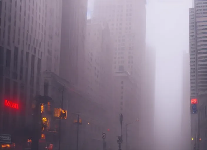 Prompt: film footage of giant michael j. fox monster in a foggy city, 8 k, 8 5 mm