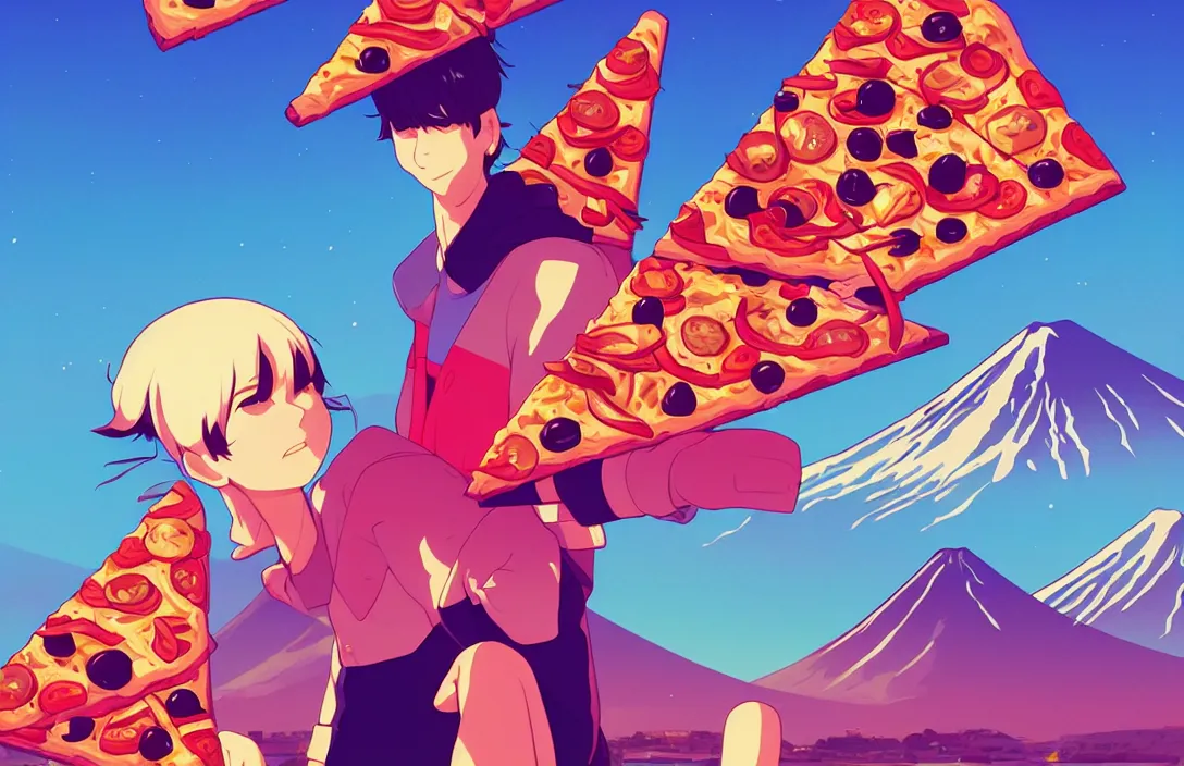 Image similar to portrait of pizza shapes, mount fuji background, rich vivid colors, ambient lighting, dynamic lighting, 4 k, hq, official media, anime key visual, makoto shinkai, ilya kuvshinov, lois van baarle, rossdraws, detailed, trending on artstation