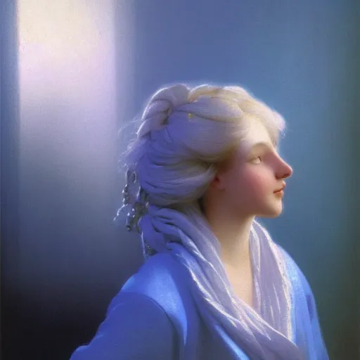 Image similar to a young woman's face, her hair is white and she wears a cobalt blue satin cloak, by ivan aivazovsky and syd mead and moebius and gaston bussiere and roger dean and pieter claesz and paul delaroche and alma tadema and aelbert cuyp, hyperrealistic, volumetric light, octane render