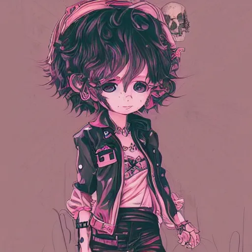 Prompt: view drawing full body un magic pose, portrait of a grungy skull anime and chibi very cute doll by super ss, cyberpunk fashion, curly pink hair, night sky, looking up, by wlop, james jean, victo ngai, muted colors, highly detailed