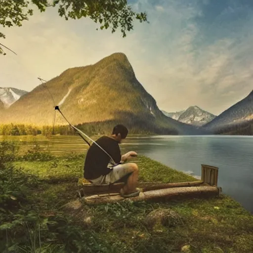 Prompt: A stunning landscape with mountains, lake and a tiny wooden house at the edge of the forest. A man is sitting at the lake holding a fishing rod