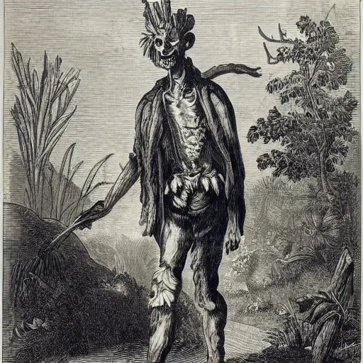 Prompt: A colonial zombie standing in the middle of the jungle, engraving, ink, black and white, 17th century