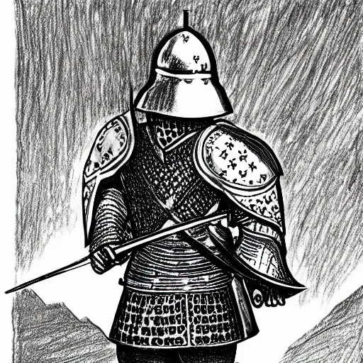 Image similar to a drawing of a knight in shining armor holding a sword