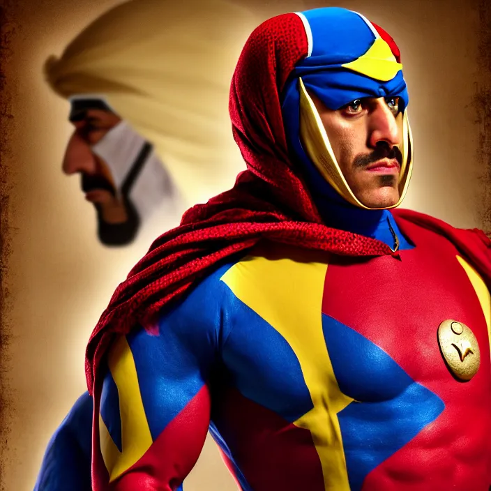 Prompt: cinematic portrait, captain falcon as sheik mohammad ruler of dubai, head and chest only, masterpiece, medieval arabia, sharp, details, hyper - detailed, hd, 4 k