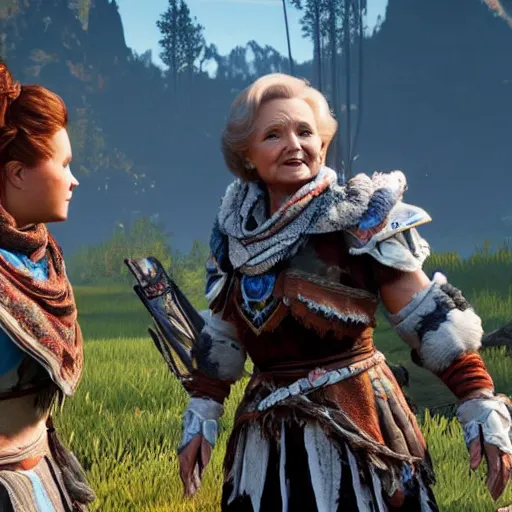 Image similar to film still of Betty White as Aloy in Horizon Zero Dawn