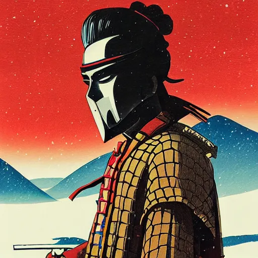 Prompt: a painting of a samurai silhouette in the snow, poster art by otomo katsuhiro, cgsociety, nuclear art, reimagined by industrial light and magic, official art, poster art
