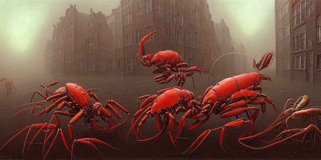 Prompt: painting of lobster like creatures with surrealistic morphed skeletons roaming the streets of Amsterdam, Zdzislaw Beksinski, Wayne Barlowe, Joe Fenton, gothic, cosmic horror, biomorphic, lovecraftian, amazing details, cold hue's, warm tone gradient background
