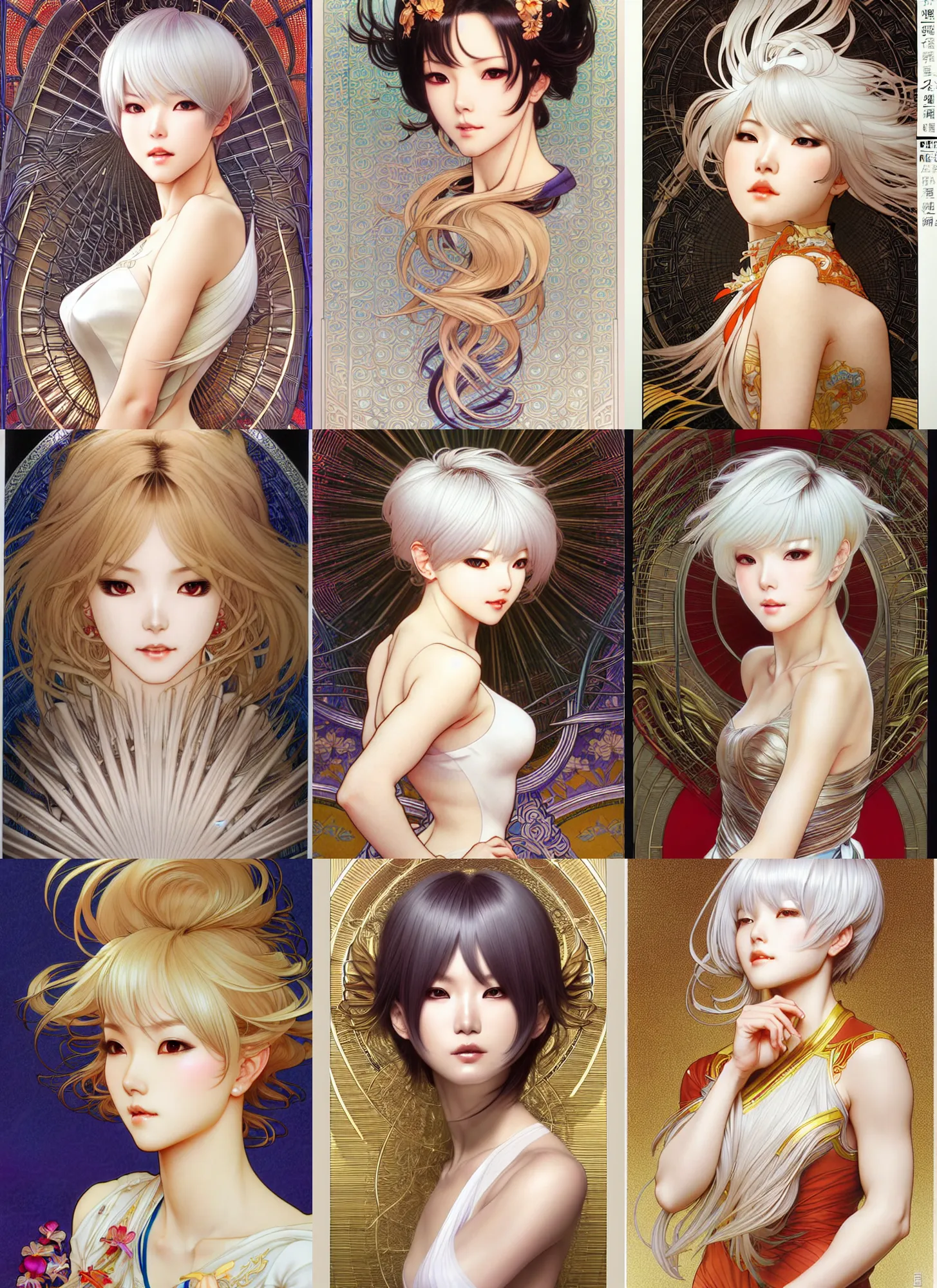 Prompt: full length complex 3 d hyper realistic smooth ultra sharp render of a gorgeous female short white hair long bangs flawless caramel skin | art by oh jinwook + 吵 集 仁 儿 on artstaion + takeshi obata + alphonse mucha + jim lee