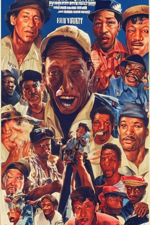 Image similar to vintage movie poster ernest goes to compton, jim varney, gangs, crips, bloods, 1 9 8 2, drew struzan inspiration