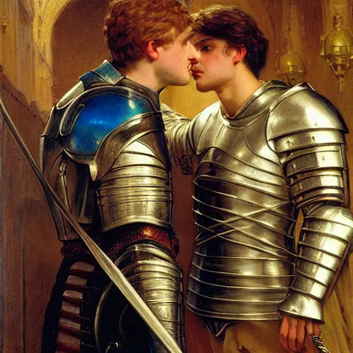 Image similar to attractive fully clothed arthur pendragon confesses his love for his attractive fully clothed male knight. highly detailed painting by gaston bussiere and j. c. leyendecker 8 k