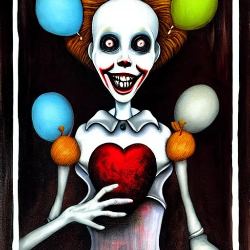 Prompt: grunge painting of a computer with a wide smile and a red balloon by chris leib, loony toons style, pennywise style, corpse bride style, horror theme, detailed, elegant, intricate