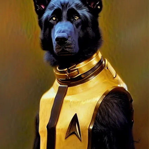Image similar to a portrait of a black german shepard dogman canine star trek chief engineer the next generation. highly detailed painting by gaston bussiere, craig mullins, j. c. leyendecker, furry