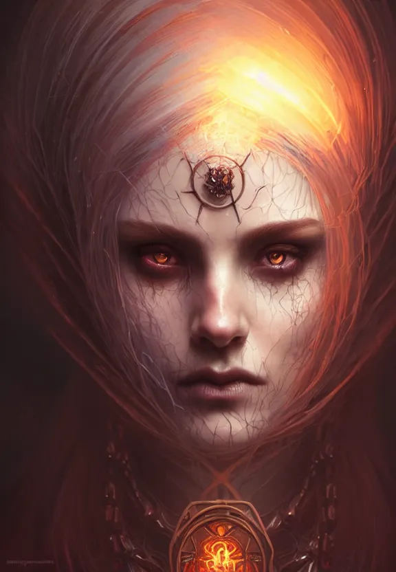 Image similar to Necromancer Sorceress face close-up macro in center, fantasy magic, undercut hairstyle, dark light night, intricate, elegant, sharp focus, illustration, highly detailed, digital painting, concept art, matte, art by WLOP and Artgerm and Greg Rutkowski and Alphonse Mucha, masterpiece