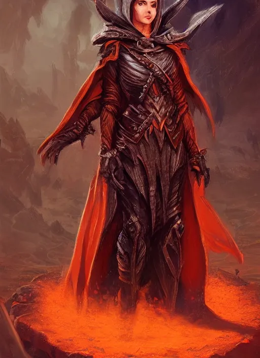 Image similar to dark orange cloak female priest, ultra detailed fantasy, dndbeyond, bright, colourful, realistic, dnd character portrait, full body, pathfinder, pinterest, art by ralph horsley, dnd, rpg, lotr game design fanart by concept art, behance hd, artstation, deviantart, hdr render in unreal engine 5