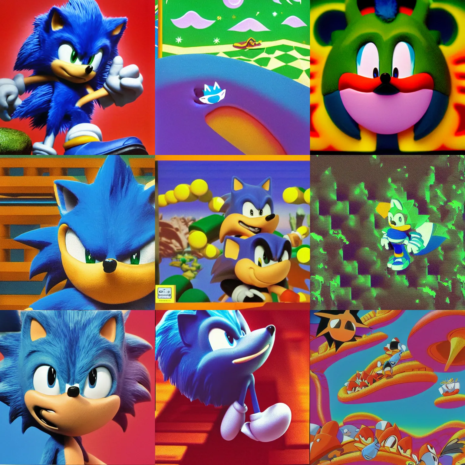 Prompt: velvia closeup sonic the hedgehog dreaming of puffy portrait colossal claymation scifi matte painting landscape of a surreal acid, sonic the hedgehog retro moulded domineering craven chubby soggy roomy noxious fluttering checkerboard background 1 9 8 0 s 1 9 8 2 sega genesis video game album cover