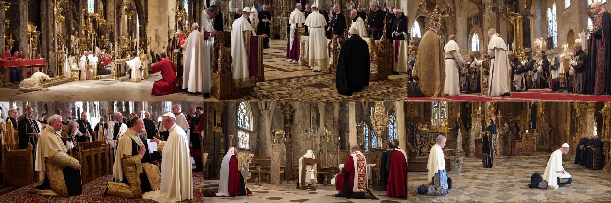 Prompt: photo of a medieval king kneeling before the pope, in a church. medium shot