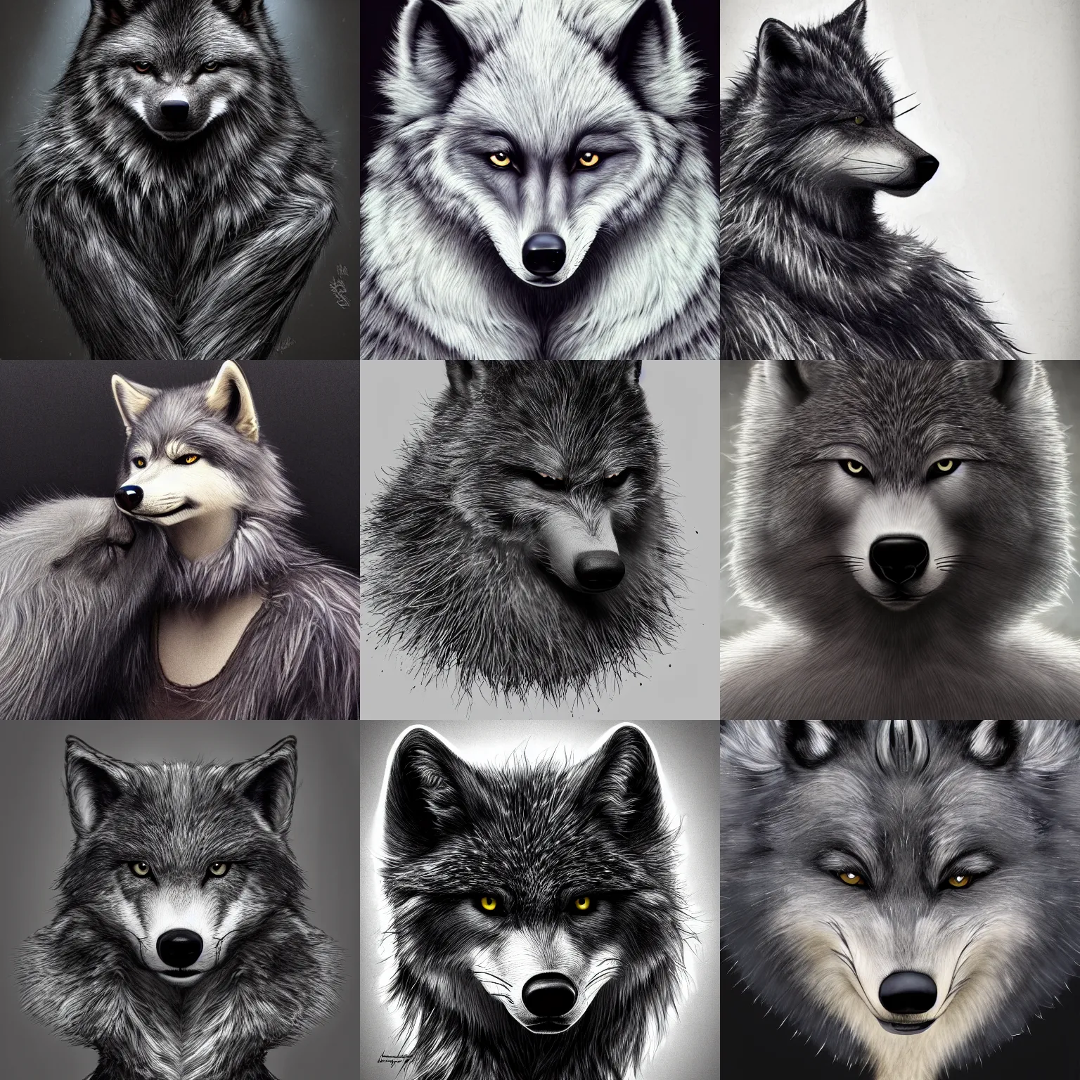 Prompt: a photograpic portrait of a anthropomorphic grey furry wolf wearing casual black clothes, black spikey hair, grey skin, floppy ears, furry character, fursona, fantasy, intricate, elegant, highly detailed, digital painting, artstation, smooth, sharp focus, illustration, art by artgerm and H R Giger and alphonse mucha