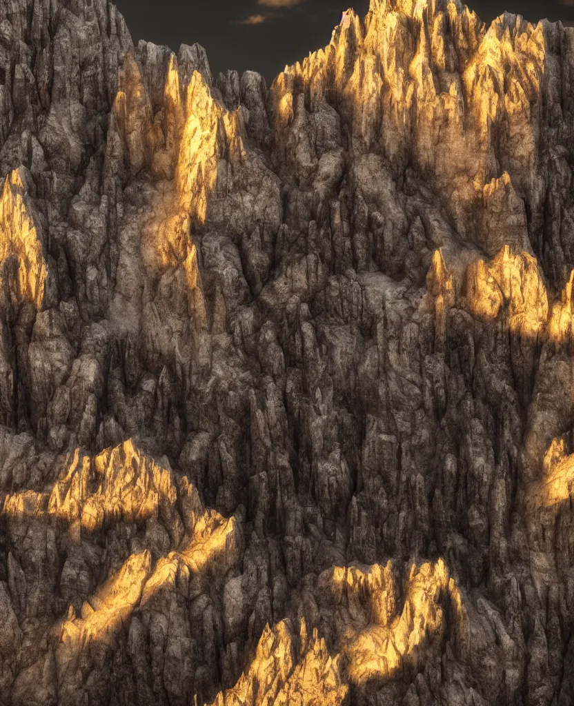 Image similar to dolomites made of gold and obsidian, volumetric lighting, octane render, magical, dramatic, stunning, cinematic shot 8K HDR 4K very detailed, moody, ambiance