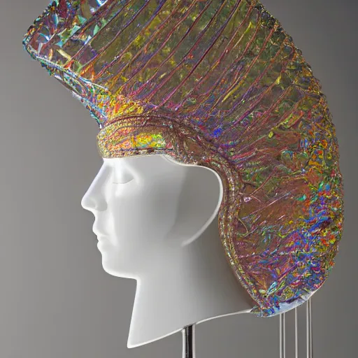 Prompt: an ultra high definition professional studio quality photograph of a transparent iridescent perspex pastel coloured ornate head dress on a white coat hook in an empty white room. dramatic lighting, ray tracing, refraction, shallow d. o. f, colour corrected, golden ratio, three point light. volumetric shadows..