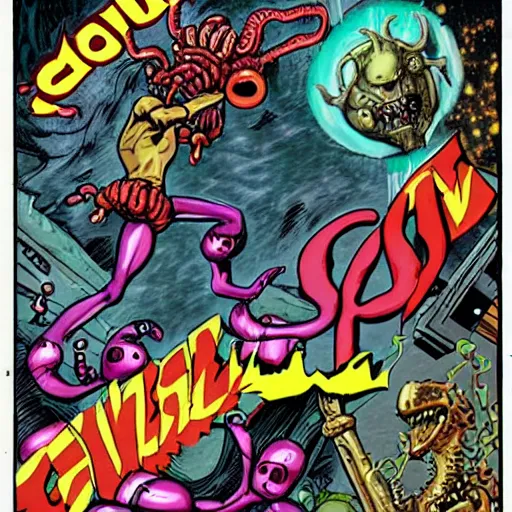 Image similar to action pack comic in style of Comix Zone, Lovecraftian horrors, cosmic horror