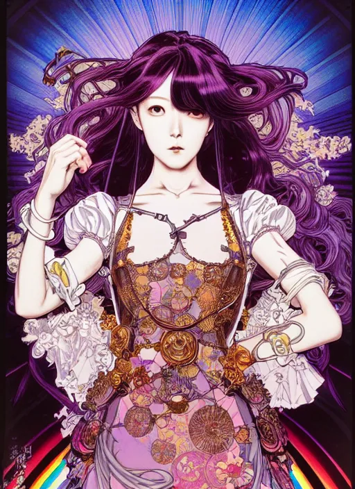 Prompt: artstation highly detailed terada katsuya manga poster of girl mechine, rainbow gradient reflection, ayami kojima, long hair, armor, dress, laces, ruffles, 8 k, maximalist, alphonse mucha