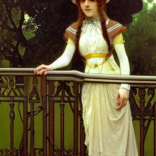 Image similar to A girl with on the front of a Balustrade porch with a hedge maze on the background, major arcana occult clothes, by paul delaroche, alphonse mucha and arnold böcklin arnold böcklin hyperrealistic 8k, very detailed