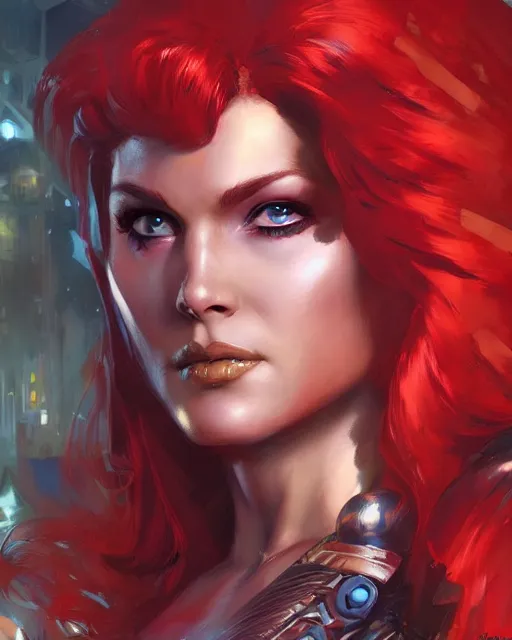 Prompt: a stunning portrait of red sonja as a cyberpunk princess, digital art by frank frazetta and julie bell and artgerm and ross tran and angel ganev, close up portrait, highly detailed, trending on artstationhq