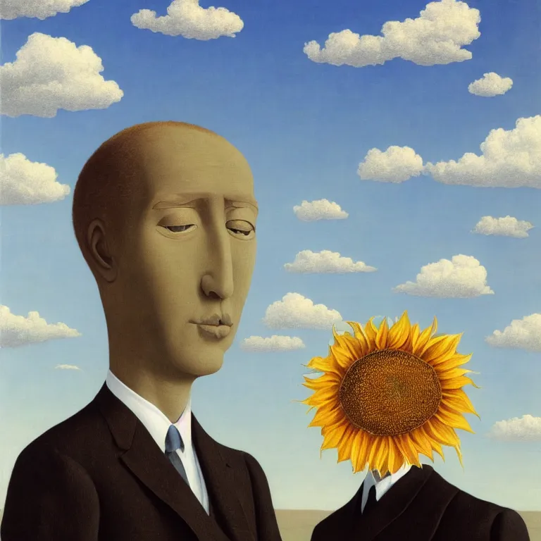 Image similar to portrait of a faceless sunflower - head man in a suit, clouds in the background, by rene magritte, detailed painting, distance, centered, hd, hq, high resolution, high detail, 4 k, 8 k