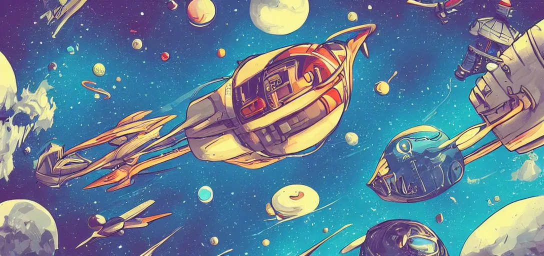 Prompt: Space capsule above the sky in the graphic style of Tim Shumate, detailed art, trending on Artstation, sharp focus, comic art