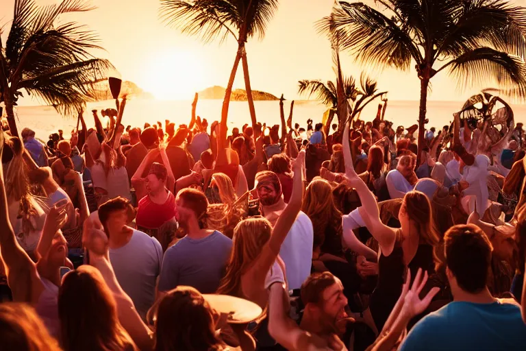 Image similar to everyone dancing at a party at the beach, drinking, food, bar, music, praising the sun, golden hour, cinematic, atmospheric, 8k resolution, Hyperrealistic