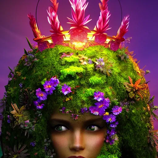 Image similar to Mother Nature with a crown made of flowers towering over a tropical island, Dramatic Lighting, Trending on Artstation HQ, 4K, UHD.