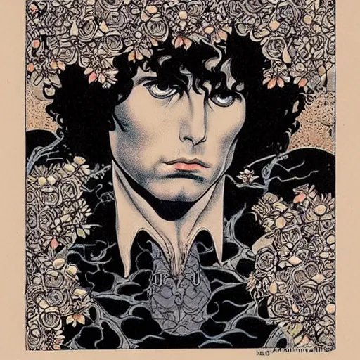 Image similar to symmetrical jim morrison as a vampire lizard king, very detailed style of takato yamamoto lots of flowers