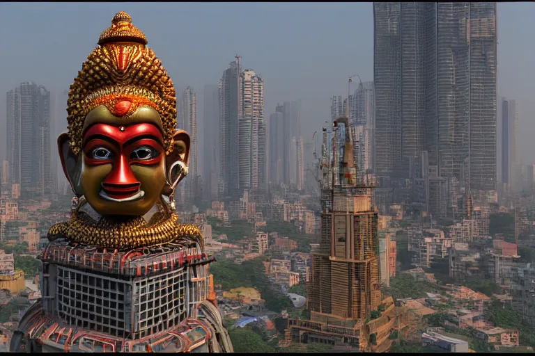 Image similar to high quality 3 d cyberpunk biomorphic hanuman head building in the middle of mumbai!!, kalighat highly detailed, cinematic smooth, stephen shore & john j. park, soft morning light, wide shot, high angle, uhd 8 k, deep focus