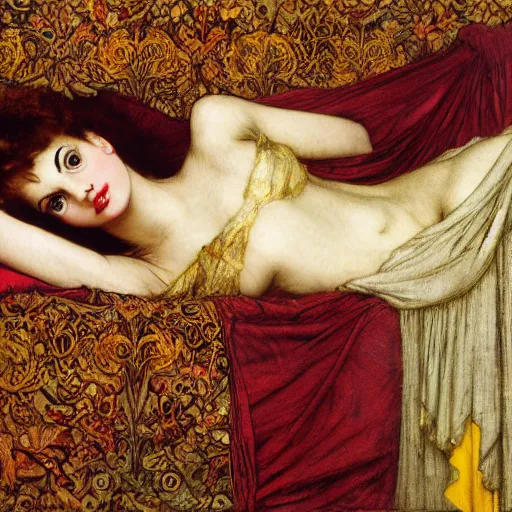 Image similar to reclining on bed, hybrid of judy garland and lady gaga, aged 2 5, brown fringe, huge downslanted eds eyes, large full lips, wide shot, yellow ochre ornate medieval dress, john william waterhouse, kilian eng, rosetti, john everett millais, william holman hunt, william morris, 4 k