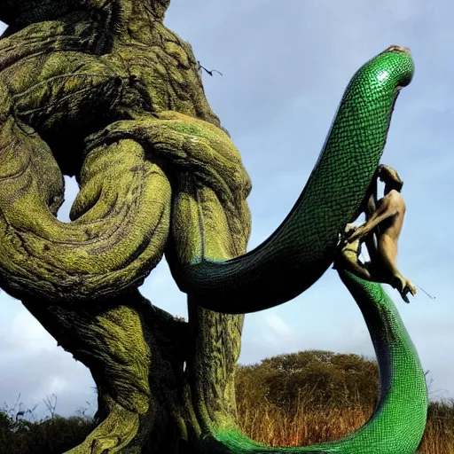 Image similar to A beautiful sculpture of a large, looming creature with a long, snake-like body. The creature has many large, sharp teeth, and its eyes glow a eerie green. It is wrapped around a large tree, which is bent and broken under the creature's weight. There is a small figure in the foreground, clutching a sword, which is dwarfed by the size of the creature. 2010s, intarsia inlay by Hayao Miyazaki, by Amy Sillman funereal