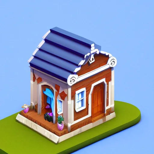Prompt: small cute mobile game house, 1 0 0 mm, 3 d render, isometric, diorama, blue background,