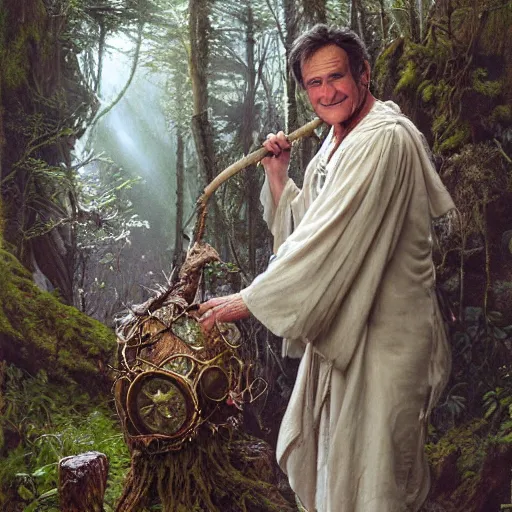 Prompt: an ultradetailed portrait of robin williams dressed as a druid, casting nature magic, old growth forest, d & d, fantasy, intricate, elegant, highly detailed, digital painting, matte, sharp focus, illustration, god rays, art by john collier and albert aublet and krenz cushart and artem demura and alphonse mucha