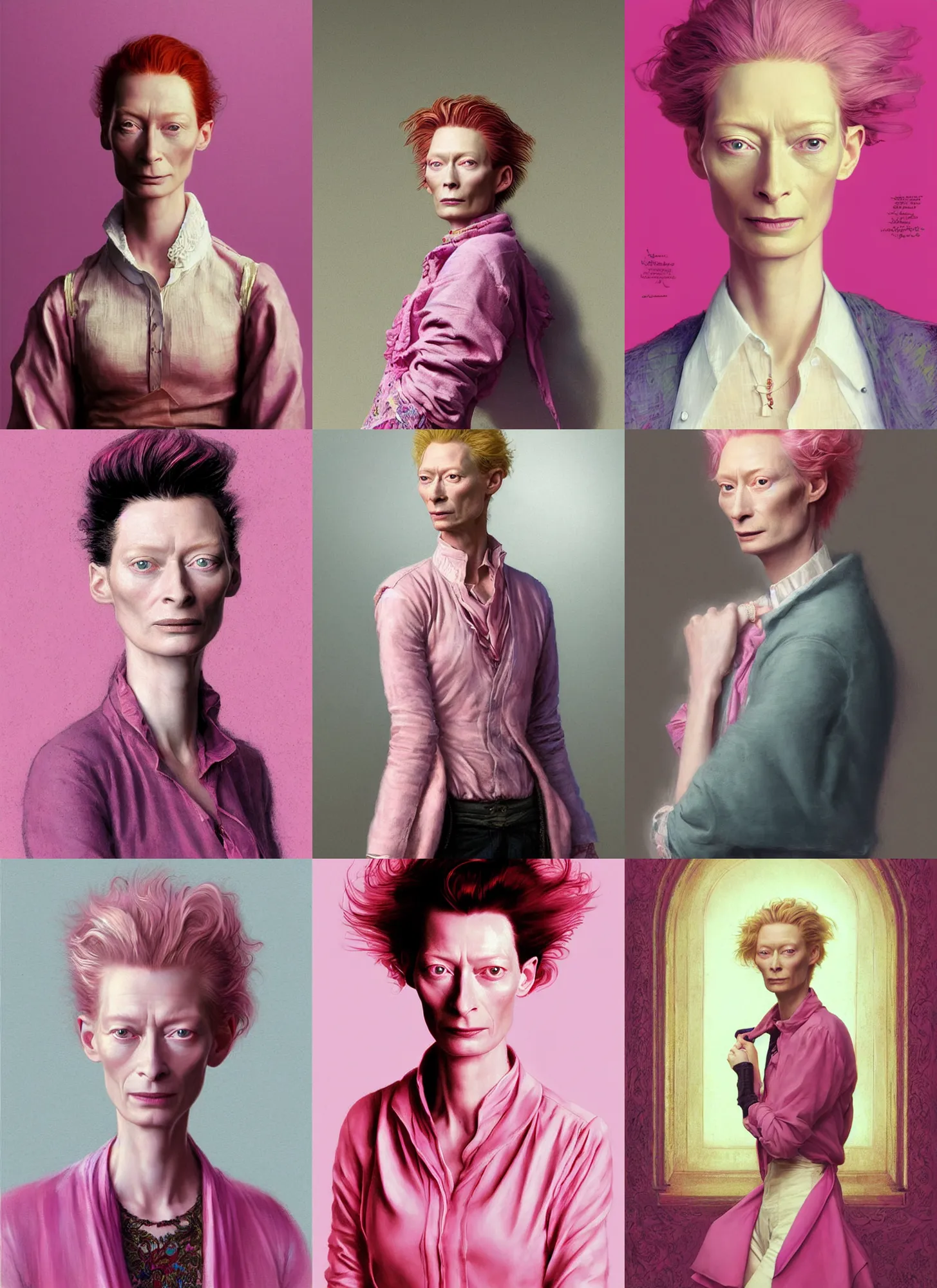 Prompt: portrait of beautiful tilda swinton as claire standish from the breakfast club, wearing a pink blouse. digital art by eugene de blaas, ross tran, and nasreddine dinet, vibrant color scheme, intricately detailed, in the style of romanticism, cinematic, artstation, greg rutkowski