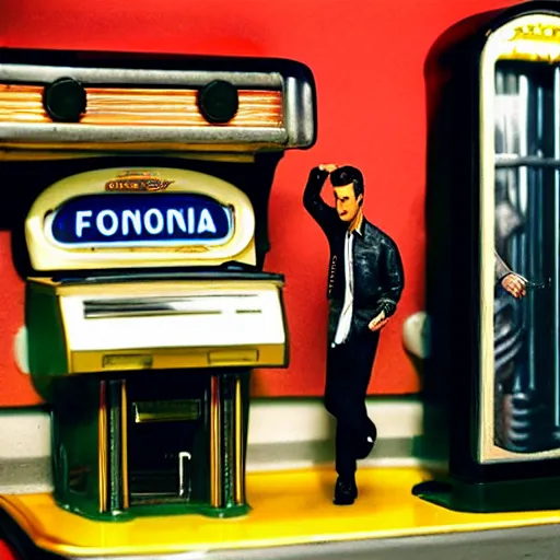 Image similar to diorama of fonzie next to a jukebox in a 1 9 5 0 s diner