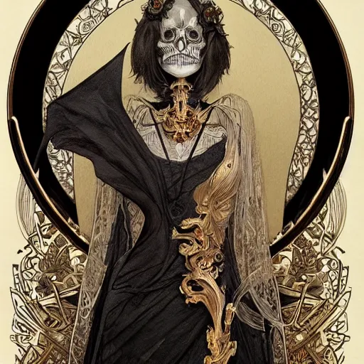 Image similar to a skeleton in a black cloak, highly detailed, very intricate, art nouveau, gold filigree, left right symmetry, tarot concept art watercolor illustration by mandy jurgens and alphonse mucha and alena aenami, featured on artstation