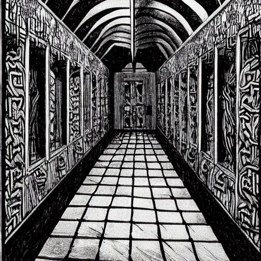 Prompt: a terrifying dark hallway with many doors and many stairs, impending doom, horror, Mc Escher architecture, epic composition, by Junji Ito
