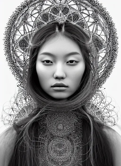 Prompt: ridiculously beautiful young asian woman with long hair by irakli nadar, several layers of intricate sacred geometry, orgasm, cosmic, natural, awakening, symmetrical, in the style of ernst haeckel and alex grey, woven doily, warm, photo realistic, epic and cinematic