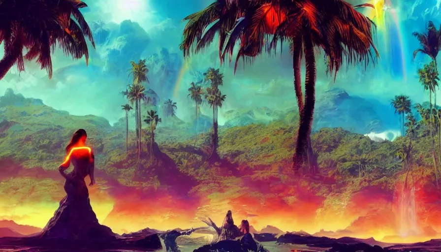 Image similar to frank frazetta art, science fiction landscape, glowing woman from the future, colorful creatures and neon palm trees, rainbow in the background, shape shifting water, deviant art, unreal engine, realistic shading, realistic render, octane render, detailed textures, photorealistic, wide shot