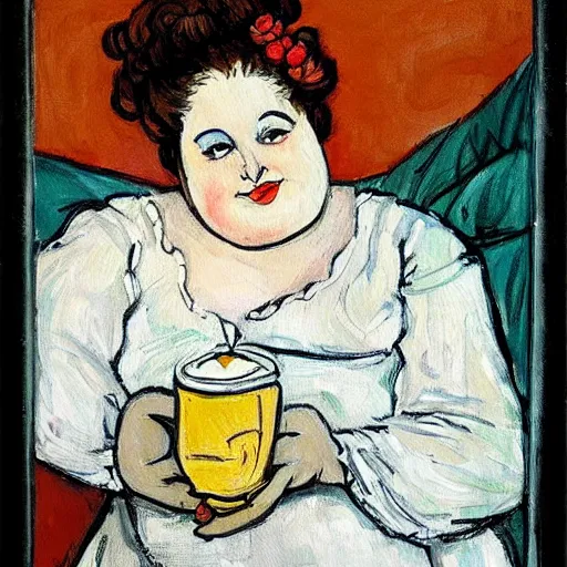 Image similar to a beautiful painting of a beautiful fat woman wearing a nightgown drinking coffee in a bed with white sheets in the style of in the style of Telous Lautrec